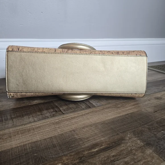 Anne Klein Metallic Cork & Gold Satchel Handbag - Chic Structured Tote - Picture 3 of 7